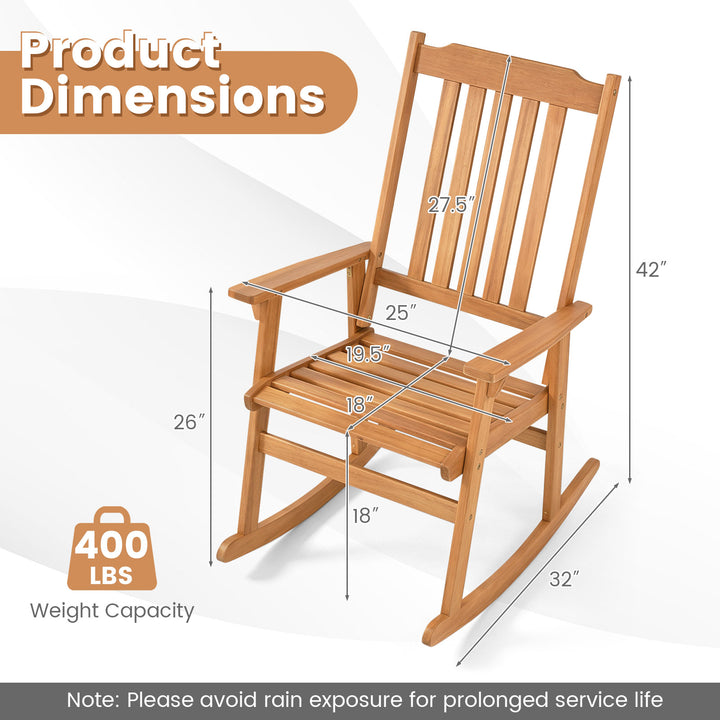 Outdoor Rocking Chair, Acacia Wood Oversized Patio Rocker with High Back, Wide Seat and Armrests, 400 LBS Heavy Duty Porch Rocker Chair for Garden, Backyard, Deck and Poolside