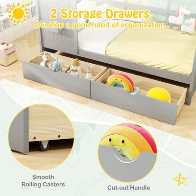 Twin Size House Bed with 2 Storage Drawers and Fence Guardrails