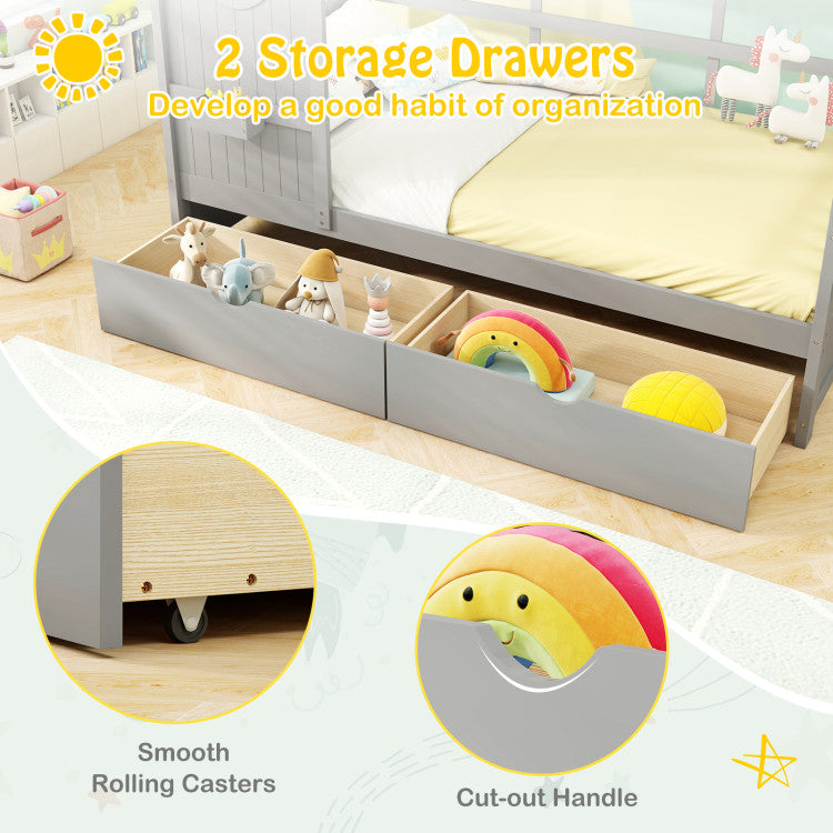 Twin Size House Bed with 2 Storage Drawers and Fence Guardrails