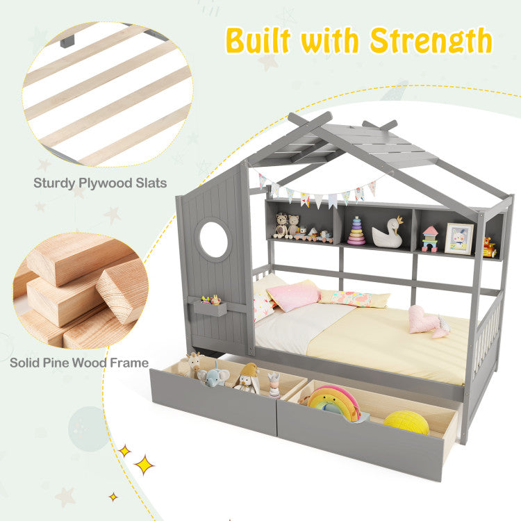 Twin Size House Bed with 2 Storage Drawers and Fence Guardrails
