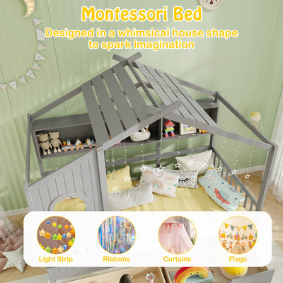 Twin Size House Bed with 2 Storage Drawers and Fence Guardrails