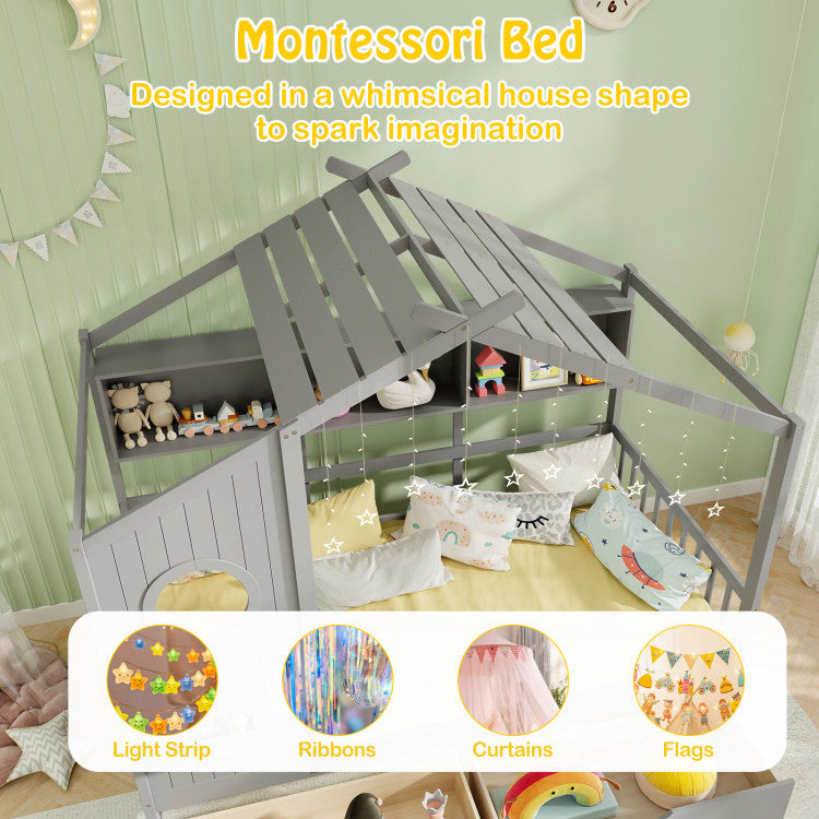 Twin Size House Bed with 2 Storage Drawers and Fence Guardrails