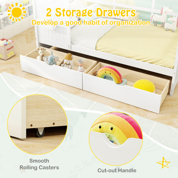 Twin Size House Bed with 2 Storage Drawers and Fence Guardrails