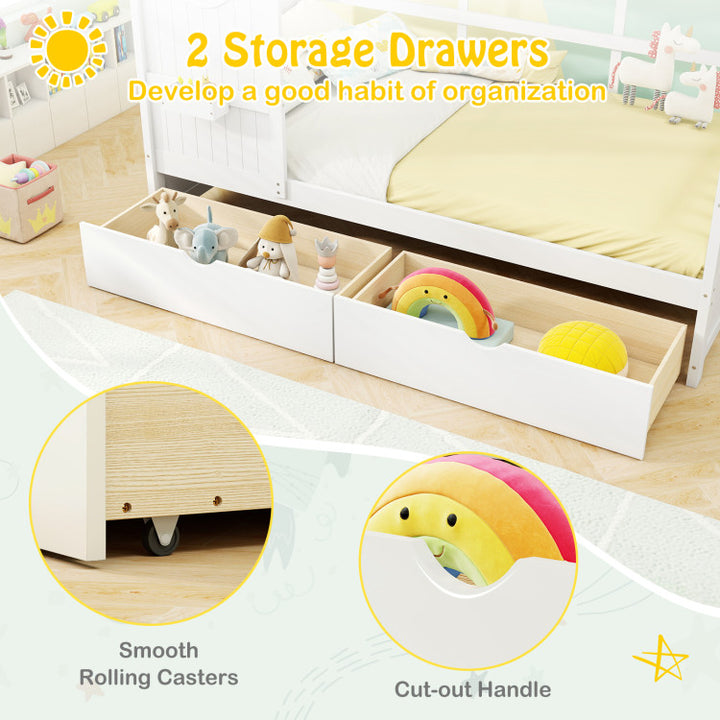 Twin Size House Bed with 2 Storage Drawers and Fence Guardrails