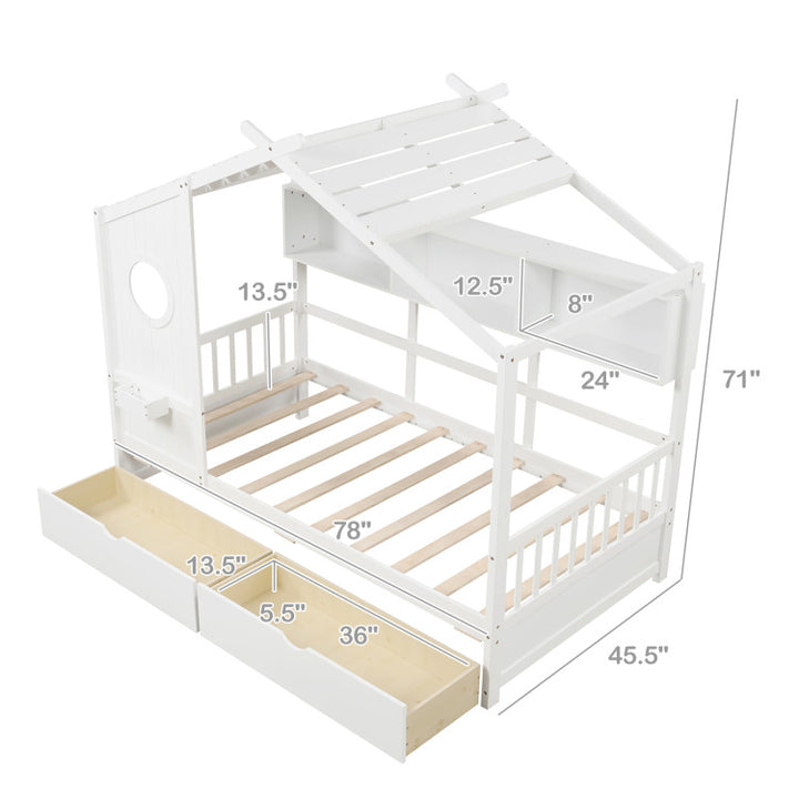 Twin Size House Bed with 2 Storage Drawers and Fence Guardrails
