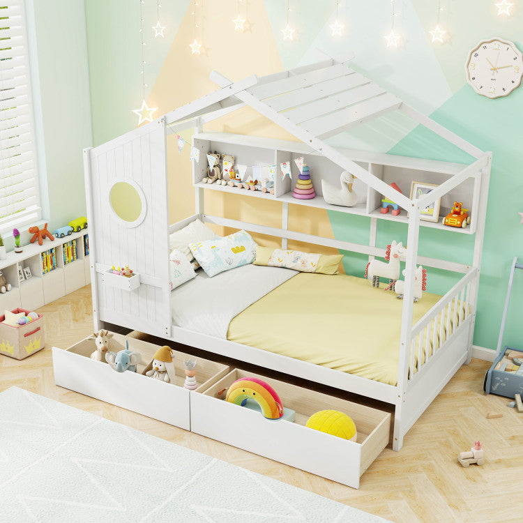 Twin Size House Bed with 2 Storage Drawers and Fence Guardrails