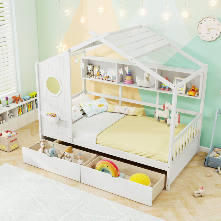 Twin Size House Bed with 2 Storage Drawers and Fence Guardrails