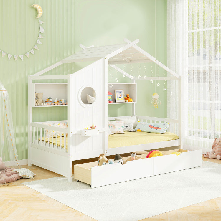 Twin Size House Bed with 2 Storage Drawers and Fence Guardrails