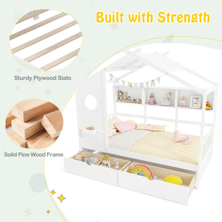 Twin Size House Bed with 2 Storage Drawers and Fence Guardrails