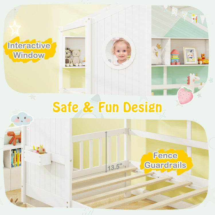 Twin Size House Bed with 2 Storage Drawers and Fence Guardrails