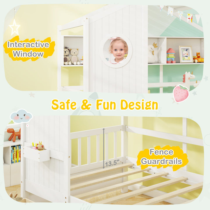 Twin Size House Bed with 2 Storage Drawers and Fence Guardrails