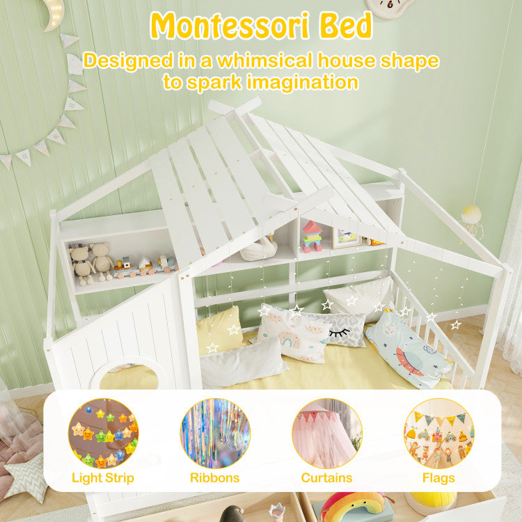 Twin Size House Bed with 2 Storage Drawers and Fence Guardrails