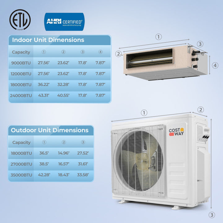 X-Pro 18000 BTU 2 Zone 24 SEER2 Concealed Ducted Mini Split AC