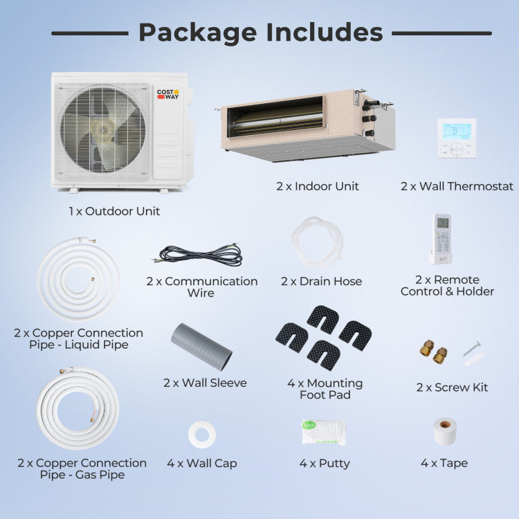 X-Pro 18000 BTU 2 Zone 24 SEER2 Concealed Ducted Mini Split AC