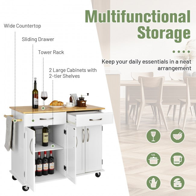 Kitchen Island Rolling Trolley Large Storage Cabinet Buffet Cart with Adjustable Shelves and Drawers