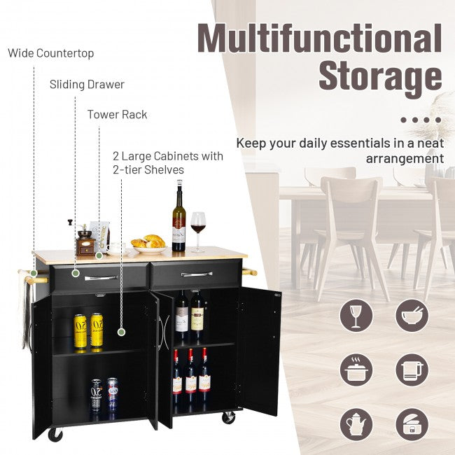 Kitchen Island Rolling Trolley Large Storage Cabinet Buffet Cart with Adjustable Shelves and Drawers