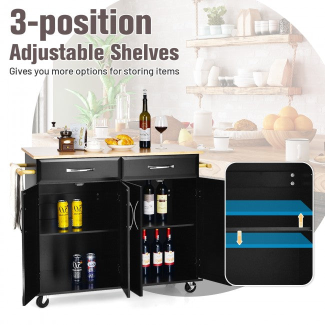 Kitchen Island Rolling Trolley Large Storage Cabinet Buffet Cart with Adjustable Shelves and Drawers