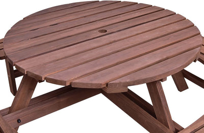 8-Person Picnic Wooden Round Table Bench Set with Umbrella Hole