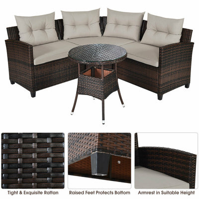 4 Pieces Outdoor Rattan Furniture Set Conversation Sofa Set with Cushion and Tempered Glass Table