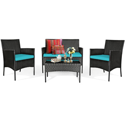 4 Pieces Patio Rattan Cushioned Sofa Set with Tempered Glass Coffee Table