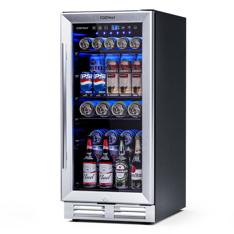 15 Inch Beverage Cooler Refrigerator 100 Can Built-in or Freestanding Wine Fridge with LED Lights and Adjustable Shelf