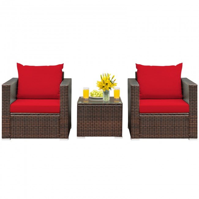 3 Pieces Patio Rattan Furniture Set Conversation Sofa Set with Cushion