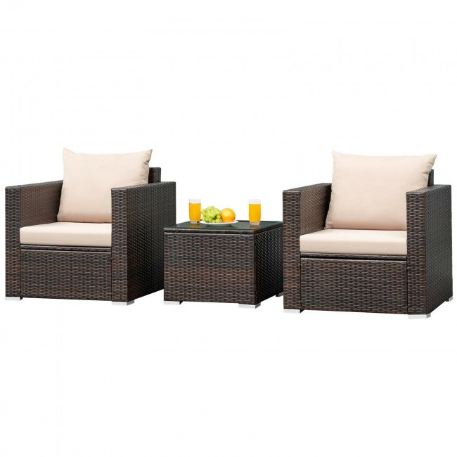 3 Pieces Patio Rattan Furniture Set Conversation Sofa Set with Cushion