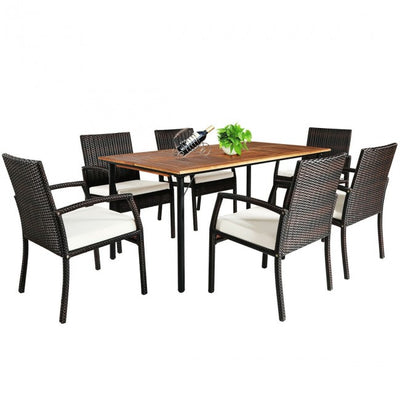 7 Pieces Outdoor Patio Rattan Dining Set Conversation Set with Soft Cushion and Umbrella Hole