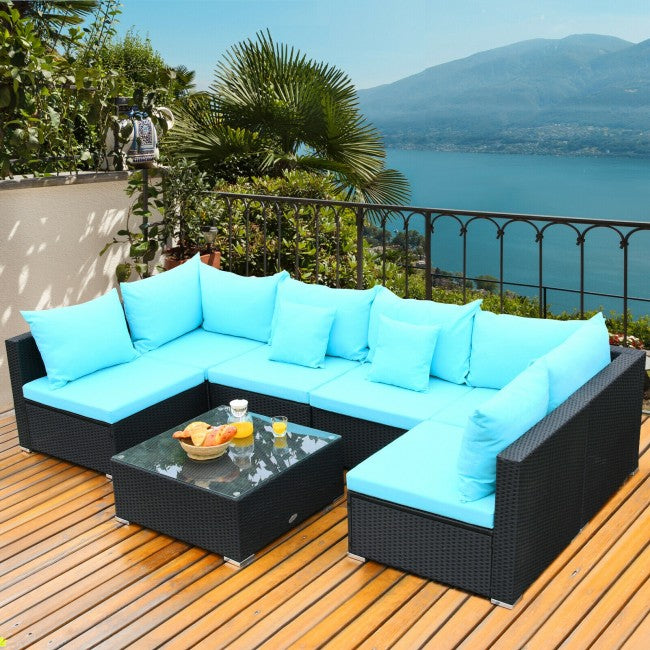 7 Pieces Outdoor Patio Rattan Furniture Set Wicker Sofa Sectional Conversation Set with Cushions and Tempered Glass Tea Table