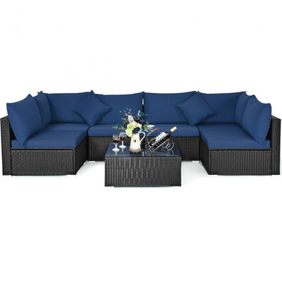 7 Pieces Outdoor Patio Rattan Furniture Set Wicker Sofa Sectional Conversation Set with Cushions and Tempered Glass Tea Table