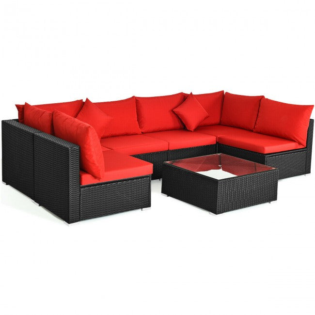 7 Pieces Outdoor Patio Rattan Furniture Set Wicker Sofa Sectional Conversation Set with Cushions and Tempered Glass Tea Table