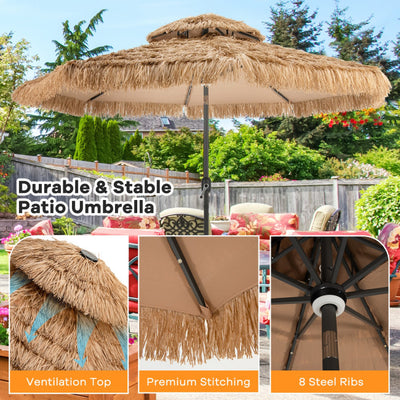 10FT Thatched Patio Tiki Umbrella Hawaiian Style Solar Lighted Beach Umbrella with Manual Crank