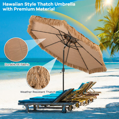 10FT Thatched Patio Tiki Umbrella Hawaiian Style Solar Lighted Beach Umbrella with Manual Crank