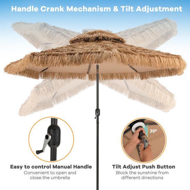 10FT Thatched Patio Tiki Umbrella Hawaiian Style Solar Lighted Beach Umbrella with Manual Crank