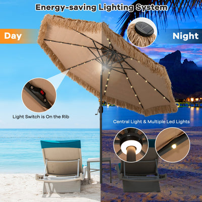 10FT Thatched Patio Tiki Umbrella Hawaiian Style Solar Lighted Beach Umbrella with Manual Crank