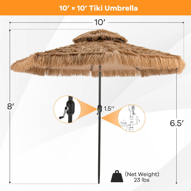 10FT Thatched Patio Tiki Umbrella Hawaiian Style Solar Lighted Beach Umbrella with Manual Crank