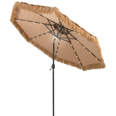 10FT Thatched Patio Tiki Umbrella Hawaiian Style Solar Lighted Beach Umbrella with Manual Crank