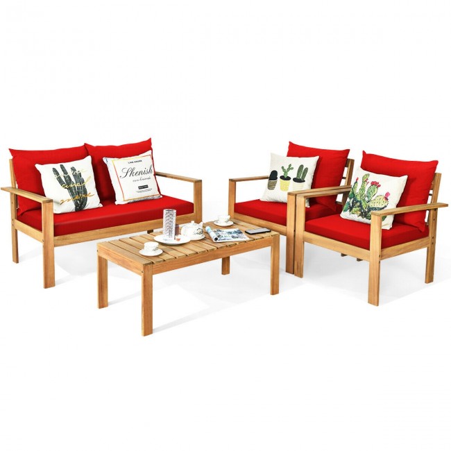 Outdoor 4 Pieces Acacia Wood Loveseat Chat Set Patio Furniture Conversation Sofa Set with Cushion and Coffee Table