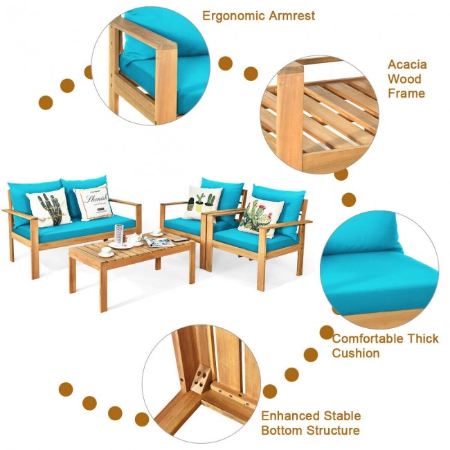 Outdoor 4 Pieces Acacia Wood Loveseat Chat Set Patio Furniture Conversation Sofa Set with Cushion and Coffee Table