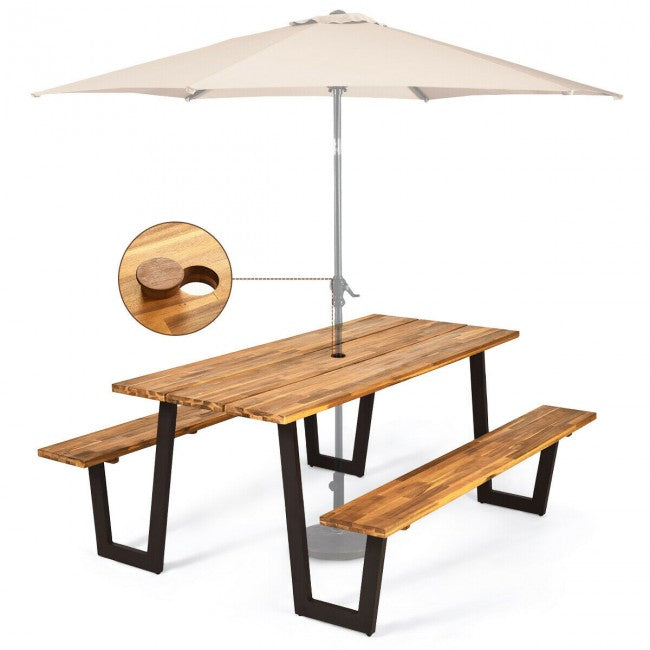 70 Inch Outdoor Dining Table Set Picnic Table Bench Set with Umbrella Hole and Metal Frame