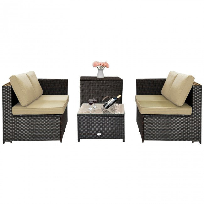 4 Pieces Outdoor Rattan Furniture Set Patio Wicker Conversation Sofa Set with Cushion and Table