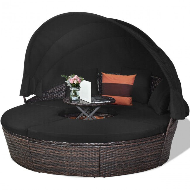 Outdoor Wicker Furniture Sets Patio Round Rattan Daybed With Retractable Canopy
