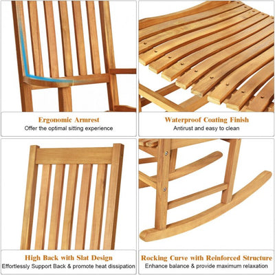 Oversized Wooden Porch Rocking Chair High Back Slat Reclining Seat