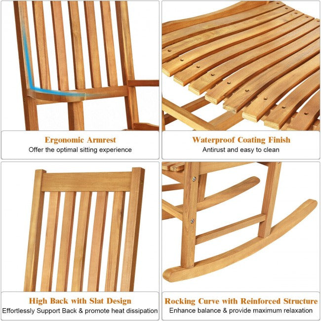 Oversized Wooden Porch Rocking Chair High Back Slat Reclining Seat