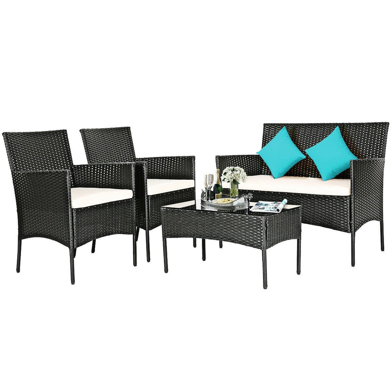 4 Pieces Patio Rattan Cushioned Sofa Set with Tempered Glass Coffee Table