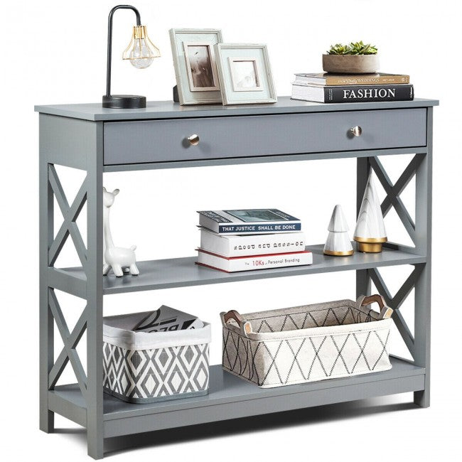 3-Tier Side Console Table Entryway Table Narrow Accent Table with Drawer and Storage Shelves