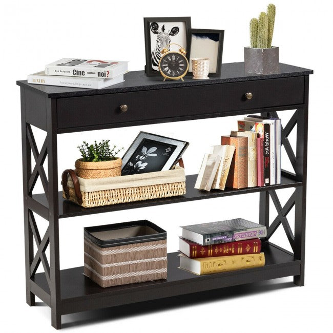 3-Tier Side Console Table Entryway Table Narrow Accent Table with Drawer and Storage Shelves
