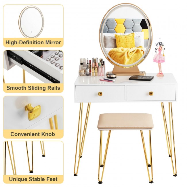 Vanity Table Set Makeup Dressing Desk with Touch Screen Adjustable Brightness Mirror and Cushioned Stool