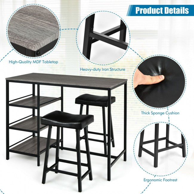3 Pieces Dining Table Set with Pub Counter Height and Storage Shelves