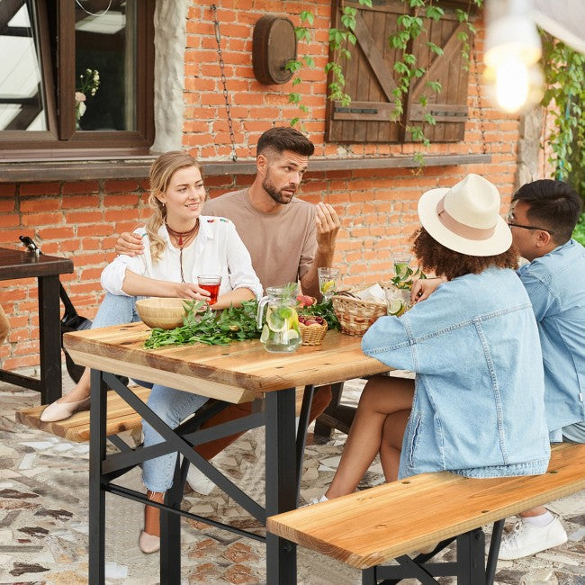 3 Pieces Outdoor Folding Table Bench Set Patio Portable Dining Table Set with Seating